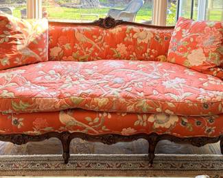 Antique Quilted Floral Upholstered Hand-Carved Victorian Sofa. Mahogany Frame. Measures 72" W x 32" D. Photo 1 of 4.