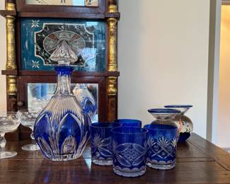 Cobalt Blue Double Old Fashioned Glasses and Cobalt Blue & Glass Decanter.