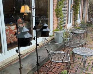 Vintage Woodard Bar Cart, Vintage Wrought Iron Lanterns with Stands.