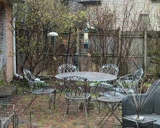 Vintage Woodard Wrought Iron Dining Set and Bird Feeders.