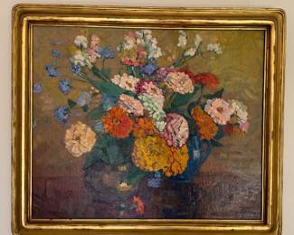 Floral Still Life. Oil on Canvas. Signed by Artist. Measures 23.5" x 19" H; 28" x 24" with Frame. Photo 1 of 3.