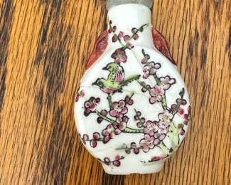 Antique Porcelain Snuff Bottle With Jade Topper (Repaired). Photo 2 of 2.