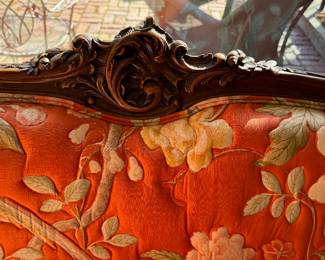 Antique Quilted Floral Upholstered Hand-Carved Victorian Sofa. Mahogany Frame. Measures 72" W x 32" D. Photo 3 of 4.
