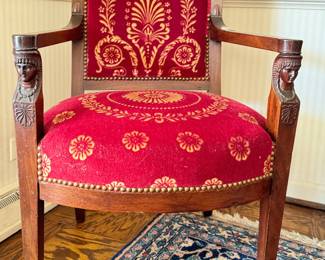 Antique Velvet Upholstered Arm Chair with Hand-Carved Arm Rests. 18" Seat Height. Photo 1 of 4.