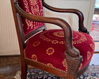 Pair of Antique Velvet Upholstered Arm Chairs with Hand-Carved Dolphin Arm Rests. 18" Seat Height. Photo 3 of 5.