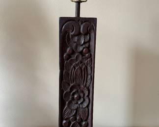 Paid off Hand Carved Wood Table Lamps with Floral Motif.