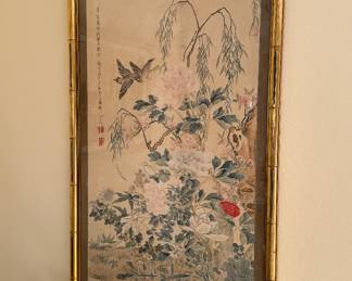 Antique Chinese Watercolor. Framed in Gilt Faux Bamboo Frame. Measures 26" x 55" including Frame. Photo 1 of 2.