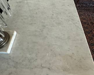 Antique Neoclassical Flame Mahogany Grand Buffet with Carrara Marble Top, Hidden Pull Out Tray and Brass Ormolu. Measures 65" W x 22" D x 38" H. Photo 3 of 9.