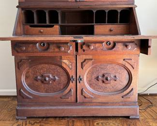 Vintage Leather Top Drop-Front Secretary / Book Case. Measures 44" W x 20" D x 95" H With Victorian / Art Deco Touches. Photo 2 of 3.