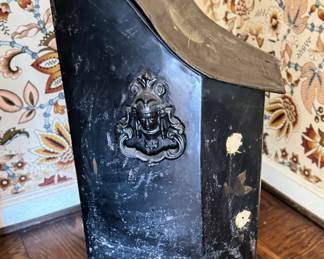 Antique Tole Coal Scuttle with Feet & Asian Motif. Photo 2 of 3.