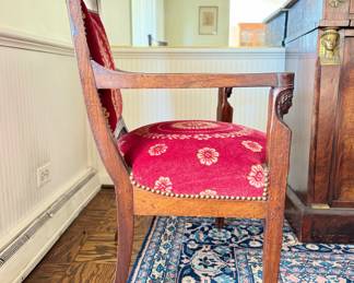 Antique Velvet Upholstered Arm Chair with Hand-Carved Arm Rests. 18" Seat Height. Photo 2 of 4.
