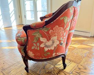 Antique Quilted Floral Upholstered Hand-Carved Victorian Tub Chair. Mahogany Frame & Down-Filled Cushion. Measures 30" W x 31" D. Photo 2 of 4.