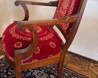 Set of 4 Antique Velvet Upholstered Arm Chairs with Nailhead Trim. 18" Seat Height. Photo 2 of 2.