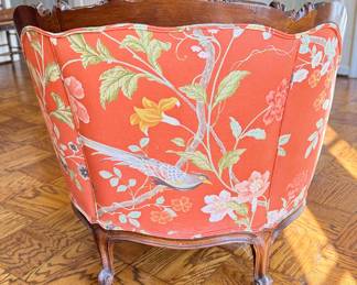 Antique Quilted Floral Upholstered Hand-Carved Victorian Tub Chair. Mahogany Frame & Down-Filled Cushion. Measures 30" W x 31" D. Photo 4 of 4.