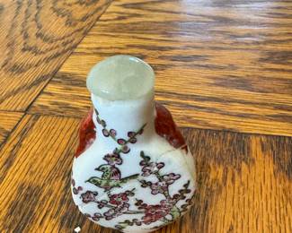 Antique Porcelain Snuff Bottle With Jade Topper (Repaired). Photo 1 of 2.