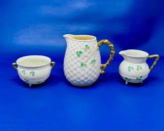 Belleek creamer & sugar cauldron shamrock fourth mark and Belleek shamrock pitcher sixth mark