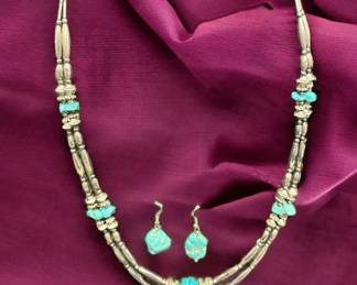 Silver Turquoise MultiStrand Necklace Earrings