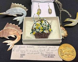 Kauai Dollar, Glass Bead Basket, Earrings MOP Brooches