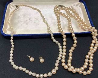 Graduated Pearl Necklace, Earrings Matinee Strand