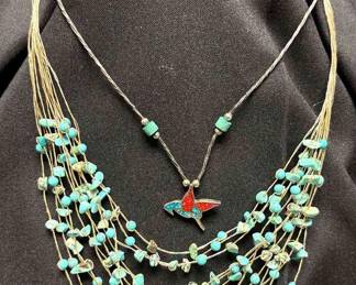 Turquoise MultiStrand Necklace Hummingbird