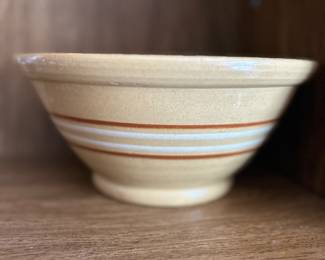 Antique gold brown & white striped stoneware bowl ceramic large  unmarked
