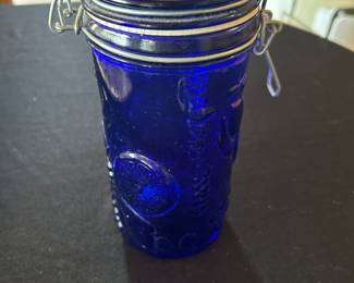 Vintage cobalt blue kitchen canister fruit embossed
