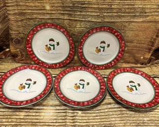 5-Longaberger snowmen carrying baskets plates, Red trim