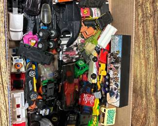 box lot- misc hot wheels, racing cars, Batman cars, McDonald happy meal cars
