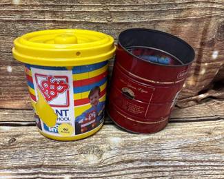 2- tins, LEGO blocks, learning development blocks
