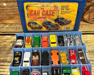 Vintage super car case, 24 slots, full of misc toy cars, good condition