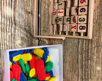 Vintage bristle buddie bristle blocks, wood alphabet game