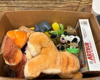 Box lot- Vintage plush dolls, dolly, toys, board game
