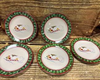 5- Longaberger snowmen plates, green trim