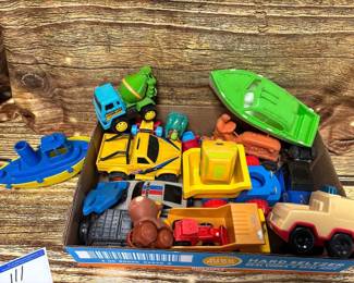 Box lot- plastic toy boats, trucks, tractor, cars