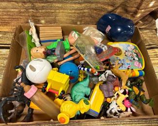 Box lot- misc children toys, horses, dinosaurs, ninja turtles, fisher price book
