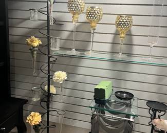 Slat board brackets and glass shelves. Gold candle holders set of 3