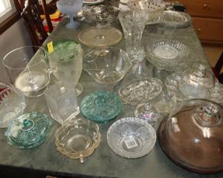 Large Glassware; bowls, vase, cake stands, egg plate, depression glass, etc