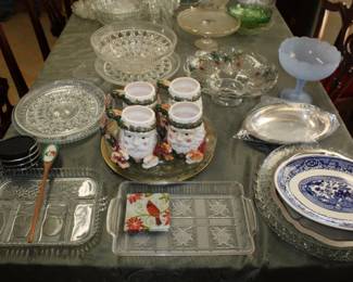 Large Glassware; compotes, platters, Christmas mugs, coasters, etc