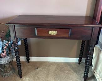 #26	Writing Desk/Entry Way Wood "Cherry/Mahogany" Table - 1 drawer w/turned spindle legs.	 $ 65.00 																							