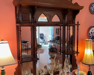 #37	1890s Antique victorian wood over fireplace mantel mirror w/ 4 shelves. 44"x34'	 $ 420.00 																							