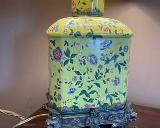#28	Yellow Square Ginger Jar Lamp - Floral Pattern w/Lion and Claw Feet	 $ 150.00 																							