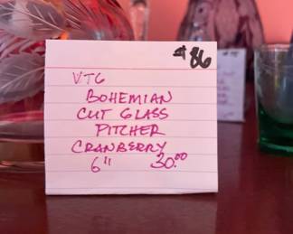 #86	VTG Bohemian Cut GLass Pitcher Cranberry 6"	 $ 30.00 																							
