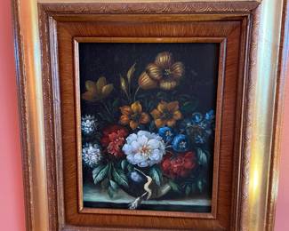 #40	Flower vase oil painting w/ wood gold  gilded frame: Signed. 15"x17"	 $ 75.00 																							