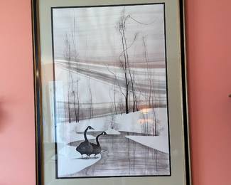 #36	P. Buckley Moss Lg Framed Signed lithograph 730/1000. "Winter scene with Geese". 60"x44"	 $ 325.00 																							