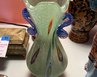 #94	Vintage Italian Murano Millefiori Double Handle Vase. 9"	 $ 50.00 																							
