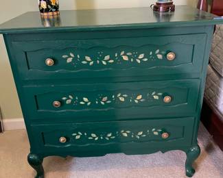 #48	Vintage Queen Anne Hand painted Green and painted flower detailed 3 drawer dresser/chest.	 $ 100.00 																							