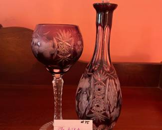 #75	VTG AJKA crystal cut. 12.5" Purple Cut crystal decanter w/ stopped & Glass 8.25"	 $ 120.00 																							