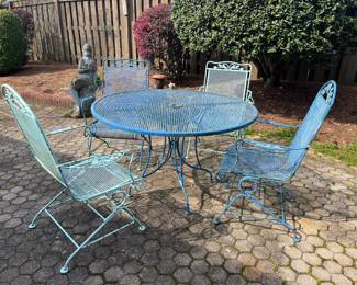 #12	Wrought iron blue painted patio set. 4 Bouncer Chairs 48" round x 29	 $ 125.00 																							