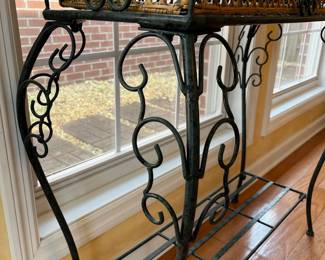#8	Wrought Iron and Punched Metal plant stand, w/removable cane basket. 30x10x36	 $ 50.00 																							