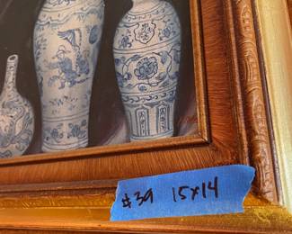 #39	3 Blue vase oil painting w/ wood gold gilded frame. Signed. 15"x14"	 $ 75.00 																							

